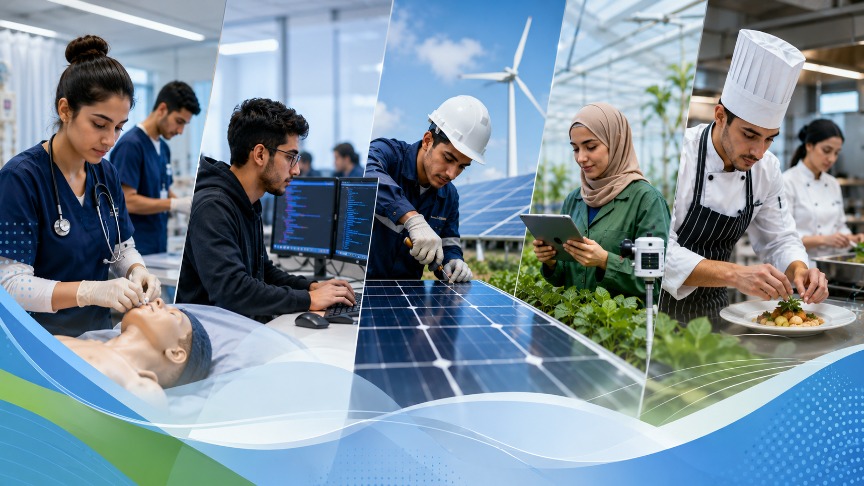 A collage of five diagonally sliced panels showcasing young professionals in various vocational and technical fields, set against a blue and green wave graphic at the bottom. From left to right, the panels feature: a healthcare student practicing on a medical mannequin with a stethoscope; a software developer working with code on dual monitors; a technician in a hard hat installing solar panels with a wind turbine in the background; an agricultural specialist using a tablet in a greenhouse; and a chef in a white toque carefully plating a dish in a professional kitchen.
